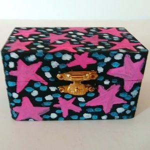 Original Hand Painted  Pink Starred Wooden Trinket Box